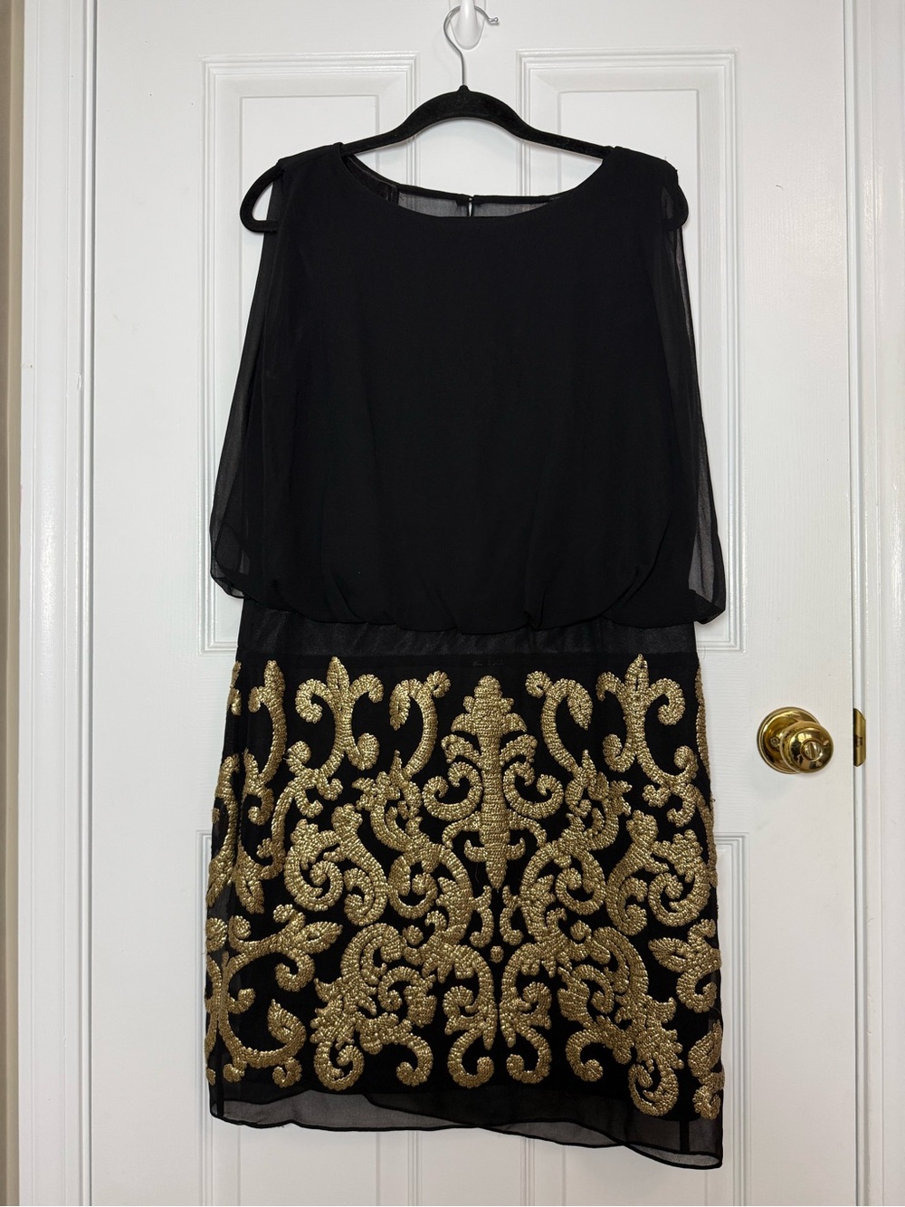 Betsy & Adam Black Chiffon Sheath Dress with Gold Sequins